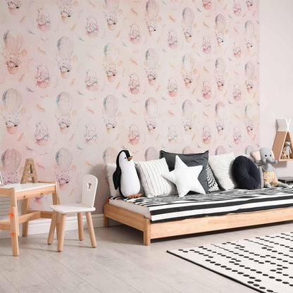 Fototapete - Solid pattern with feathers - hares in a basket and in a balloon for children