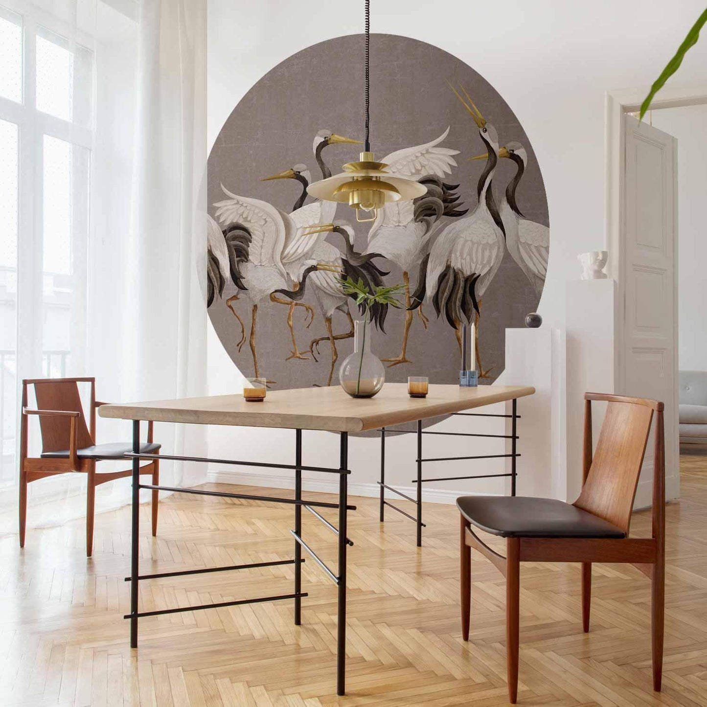 Runde Fototapete - Cranes dancing - bright silhouettes of birds on a warm grey background with texture