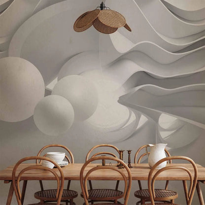 Moderne 3D-Tapete Weiße Gänge im Schlafzimmer – futuristischer Look in beruhigendem Weiß

