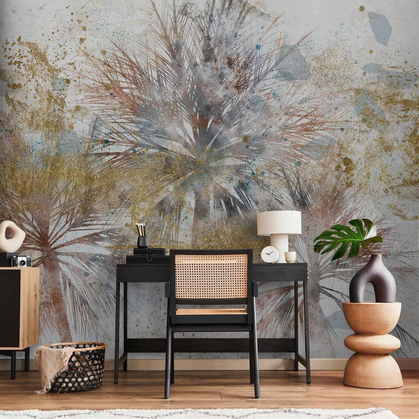 Fototapete - Grey palms - plant motif in an abstract composition with patterns