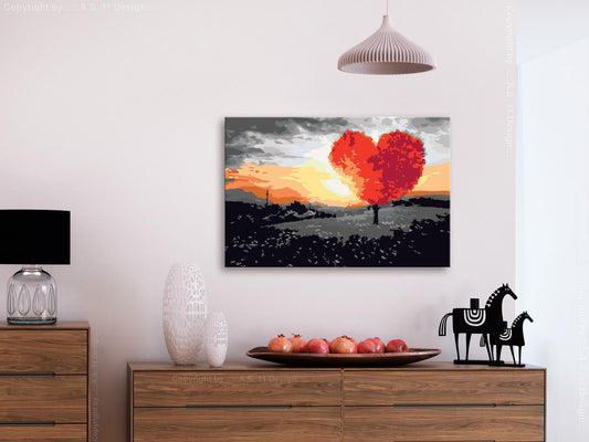 Heart-Shaped Tree Sunrise Wandbild zum Ausmalen - Herzförmiger Baum im Sonnenaufgang Motiv mit nummerierten Feldern für entspannende Kreativität