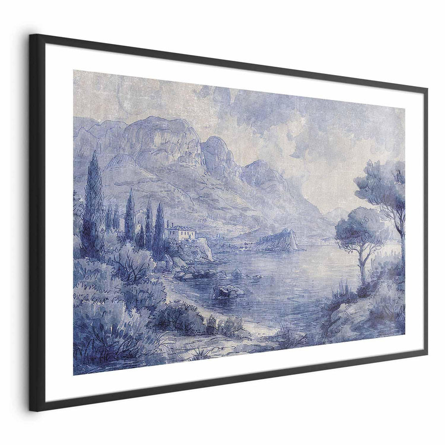 Poster - Blue Bay - Italian Landscape of Lake Como Painted in Blue Ink Artgeist
