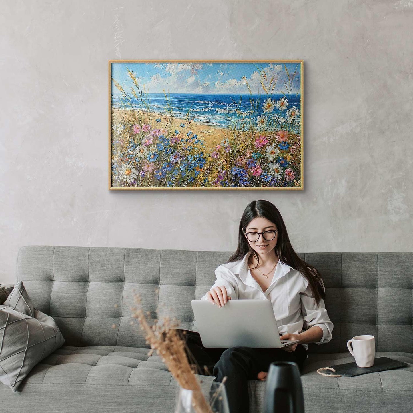 Poster - Seascape – wildflowers and a view of the rough sea