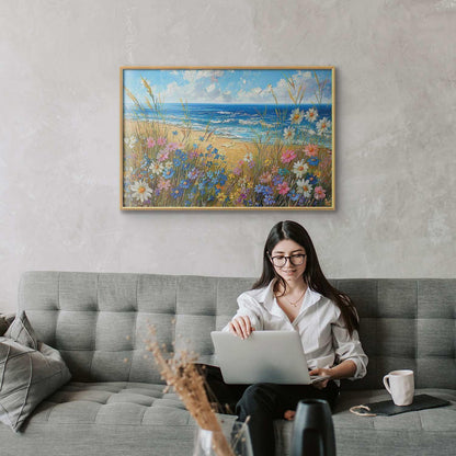 Poster - Seascape – wildflowers and a view of the rough sea