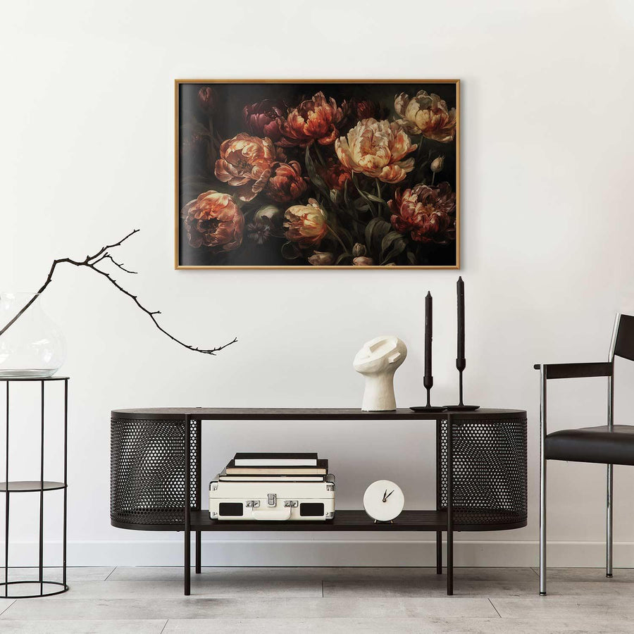 Poster of blooming tulips in a minimalist living room setup.