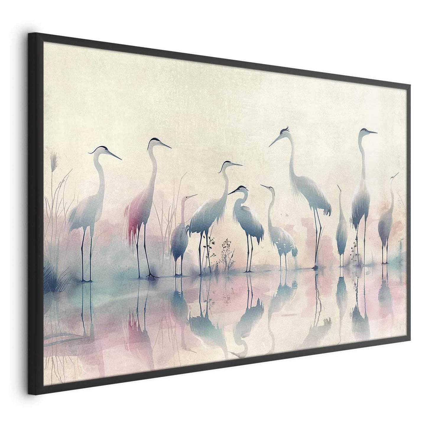 Watercolor poster of herons by a lake in gray-pink palette.