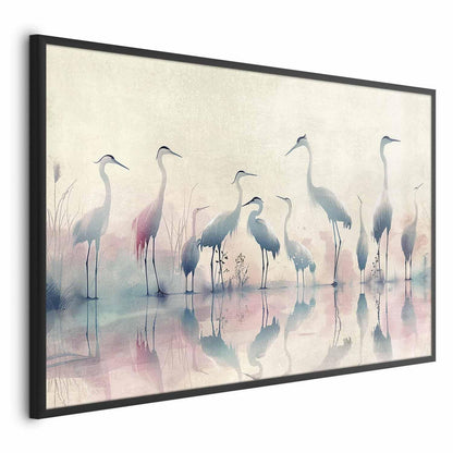 Watercolor poster of herons by a lake in gray-pink palette.
