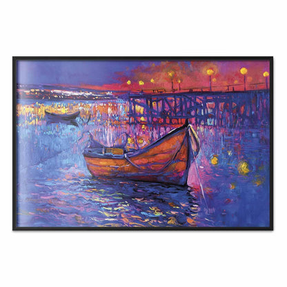 Poster - Modern impressionism - night landscape of a lake with a floating boat