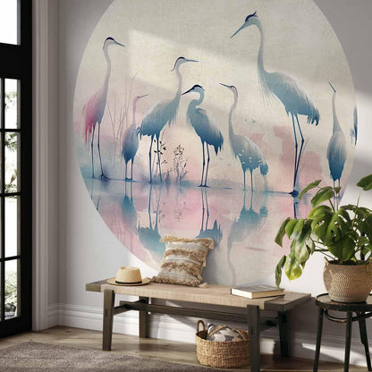Runde Fototapete - Birds by the lake - herons painted in watercolours in delicate grey and pink colours