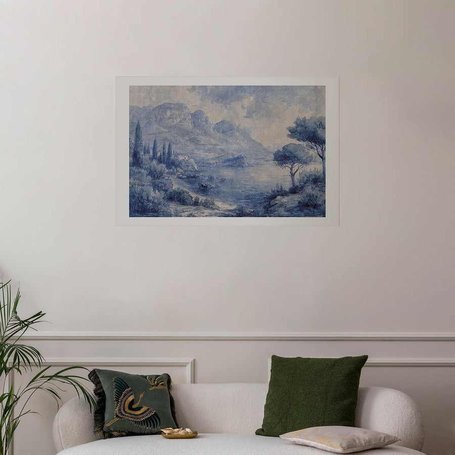 Poster - Blue Bay - Italian Landscape of Lake Como Painted in Blue Ink Artgeist