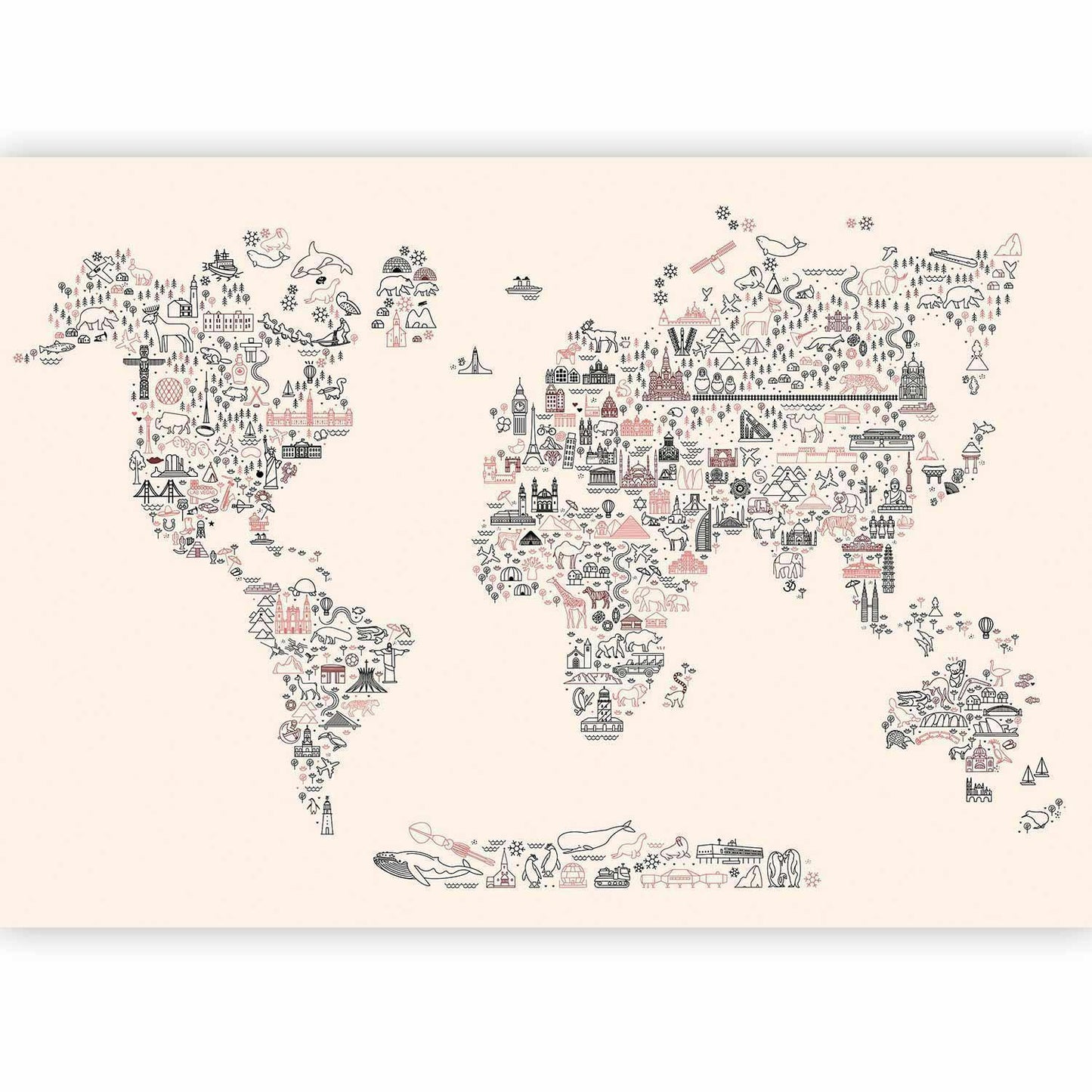 Fototapete - Map With Icons - Cartoon Representation of the World in Pastel Colours