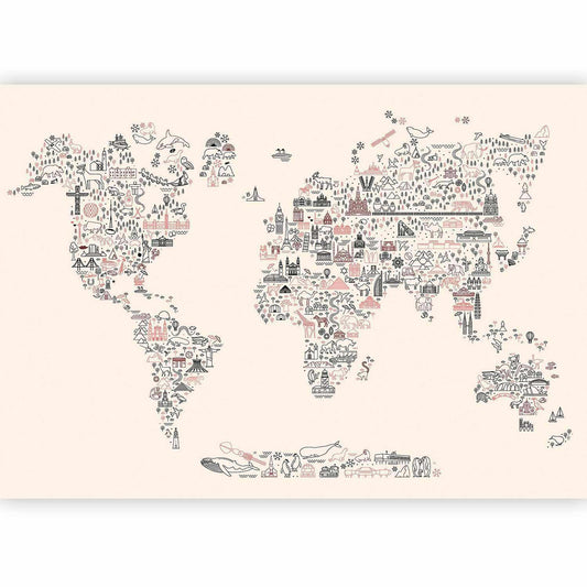 Fototapete - Map With Icons - Cartoon Representation of the World in Pastel Colours