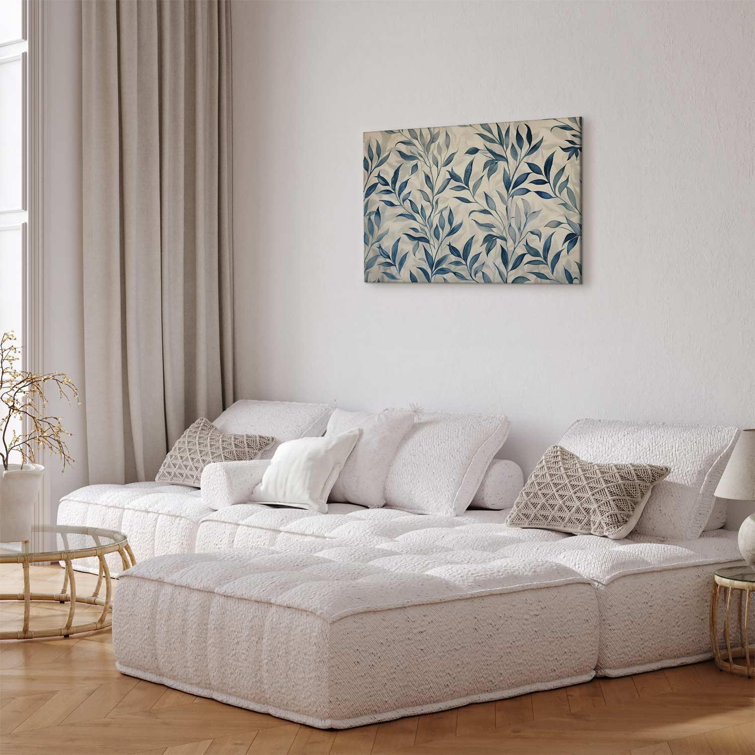 Leinwandbild - Leaves in Blue Color Delicate Botanical Motif Artgeist