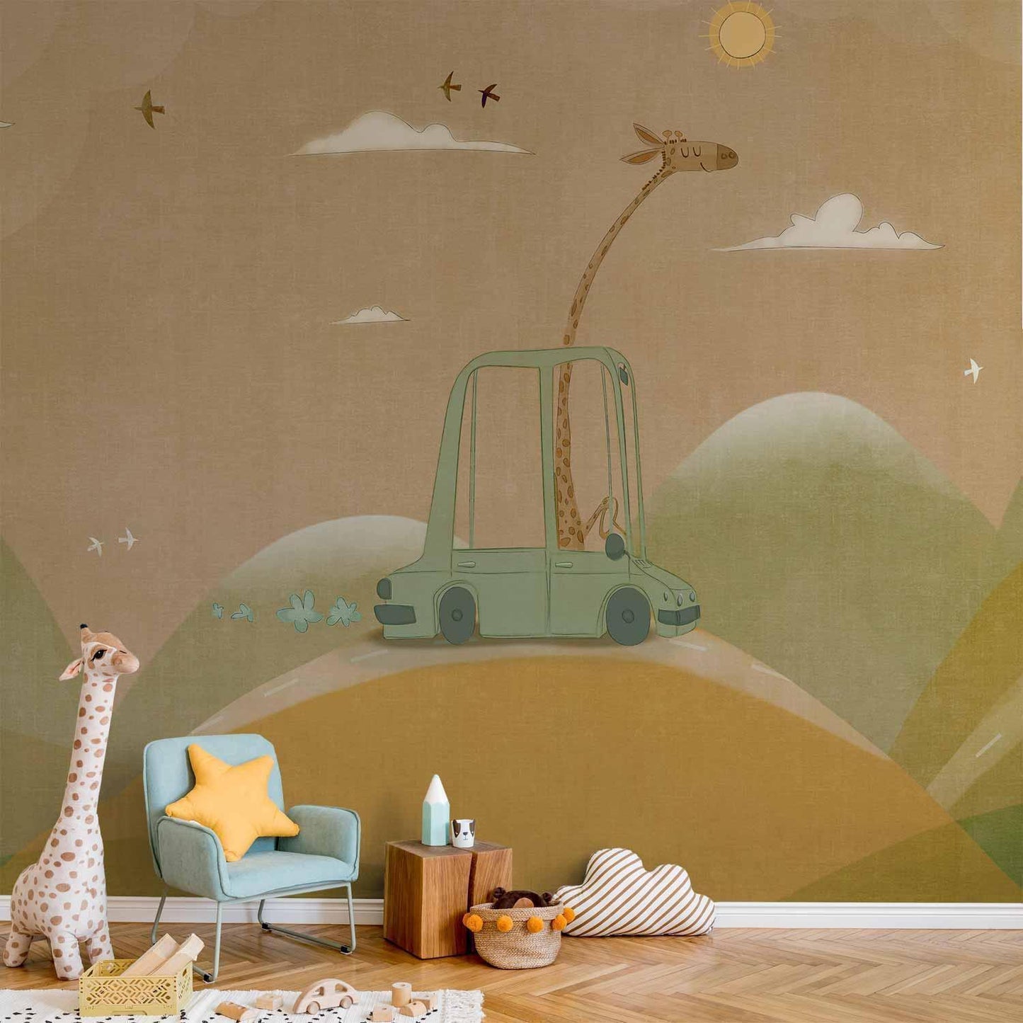 Fototapete - Giraffentraum - Abenteuerliche Reise-Kunst mit charmanter Giraffe