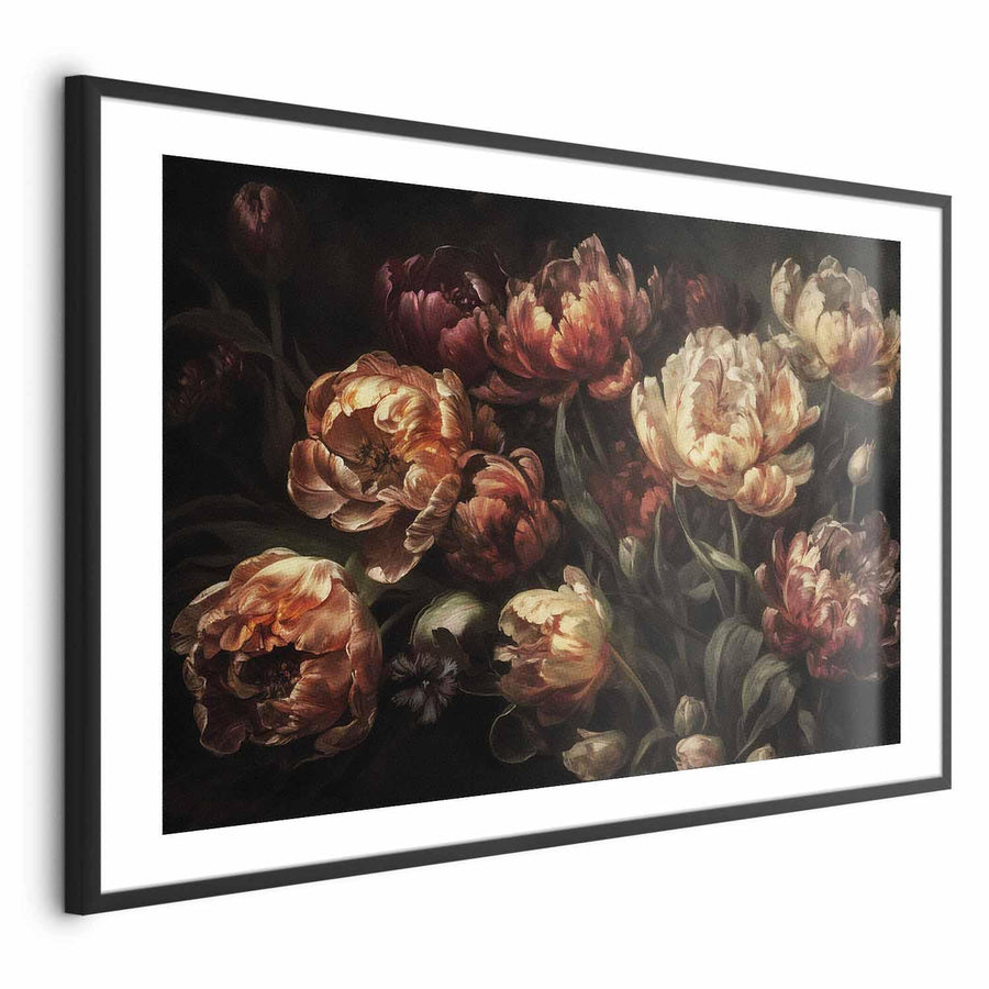 Poster featuring blooming tulips in dark tones, premium quality.