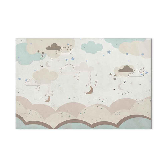 Leinwandbild - Cloudy Night Sky - Moons in Brown and Beige Hues Among Clouds and Numerous Little Stars on a Light Background