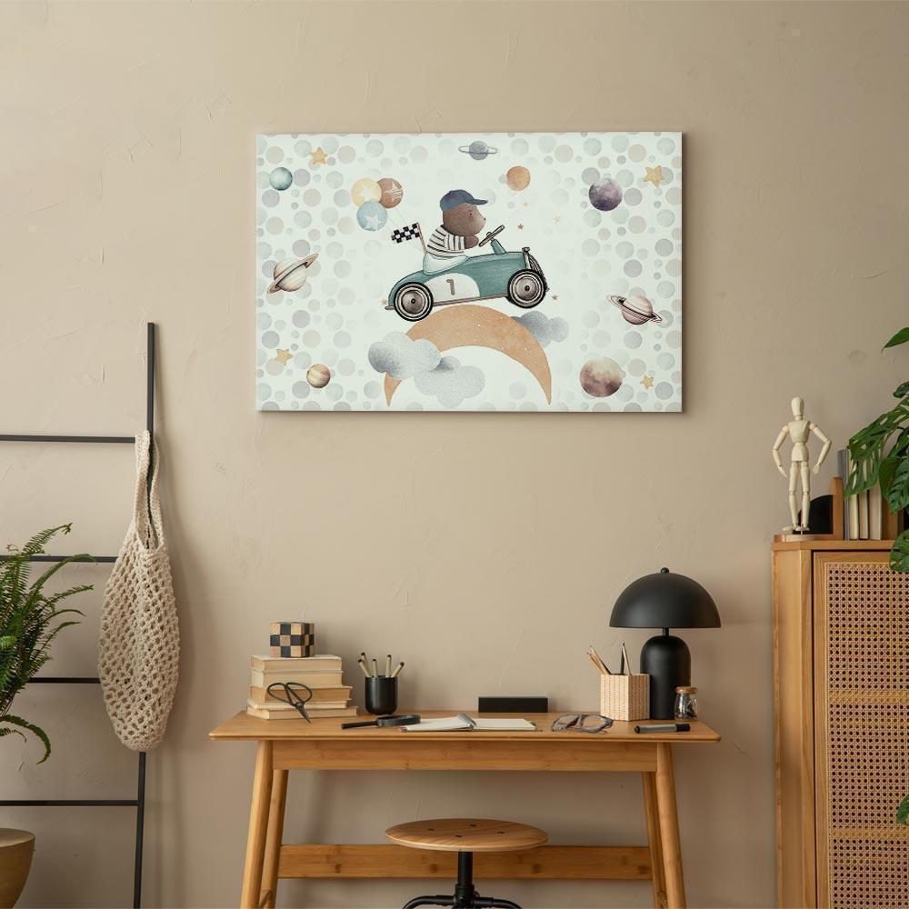 Leinwandbild - Galactic Races - A Bear Participating in Car Races Among Planets Clouds and Stars in Pastel Hues