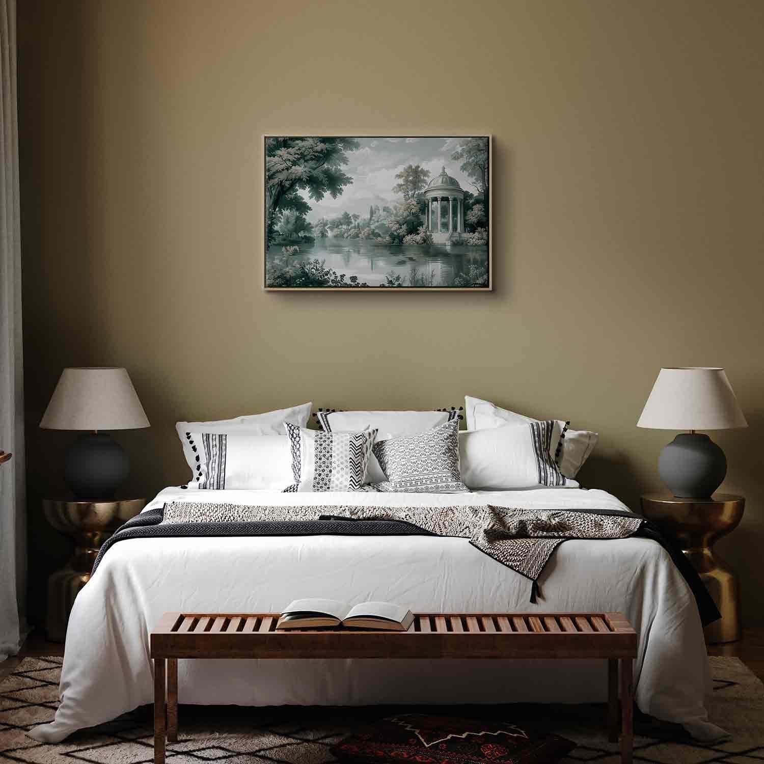Leinwandbild - View of the Park and Lake Retro Vintage Landscape in Greens Artgeist