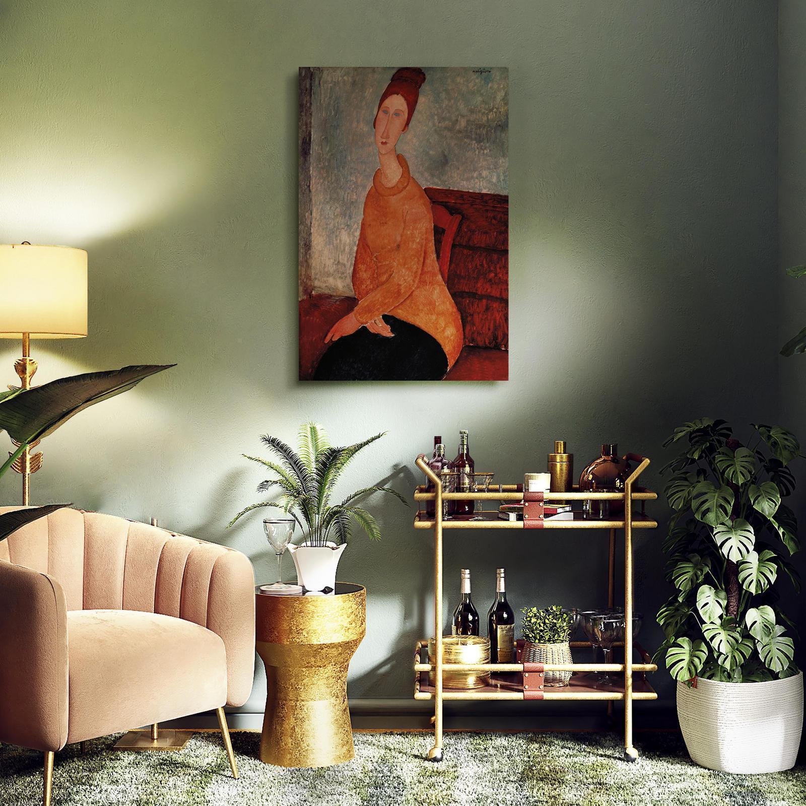 canvas wall art - Jeanne Hebuterne in a yellow sweater displayed in elegant living room