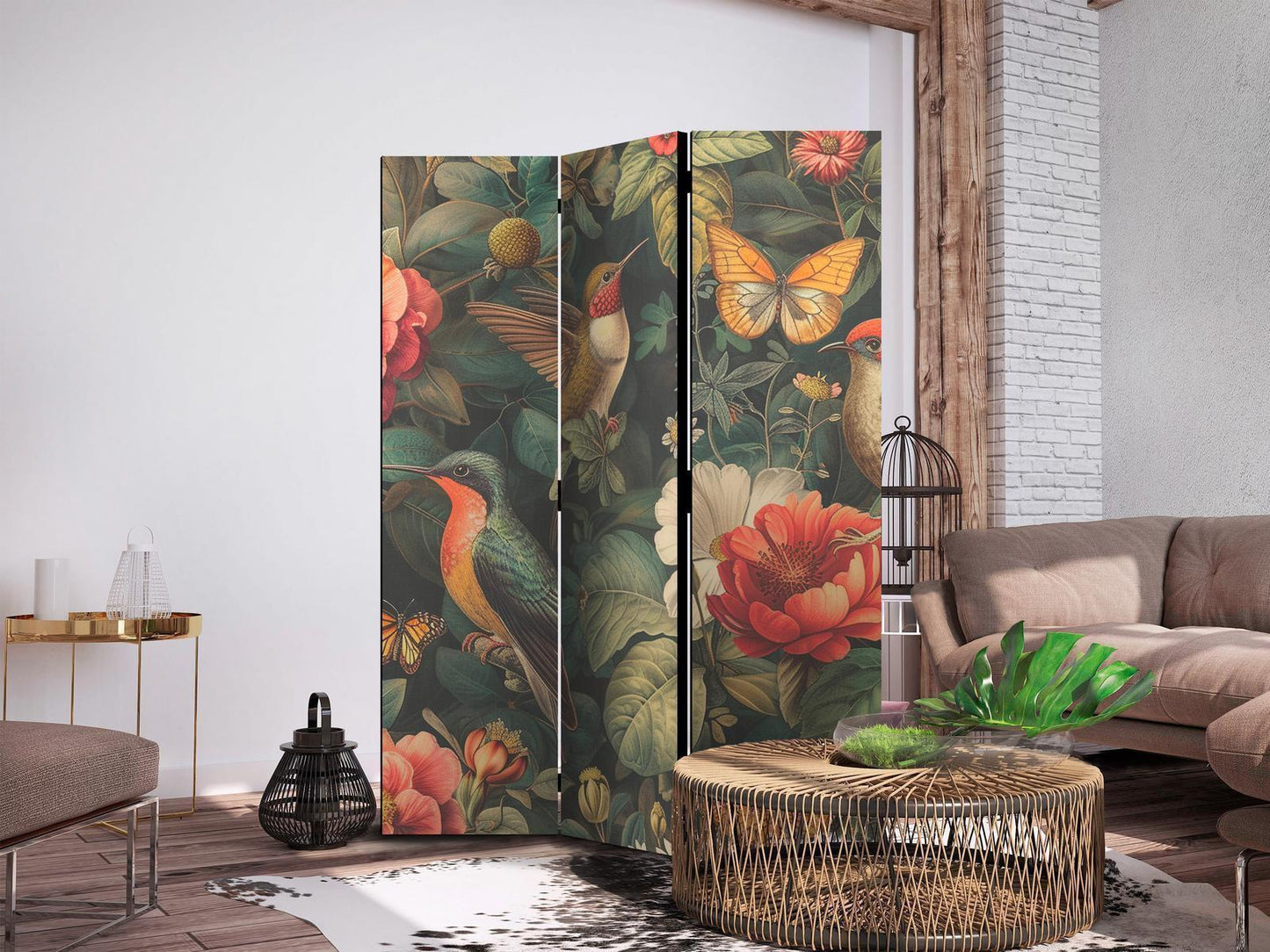Paravent - In the Botanical Garden - Flowers Birds and Butterflies - Colorful Illustration Artgeist