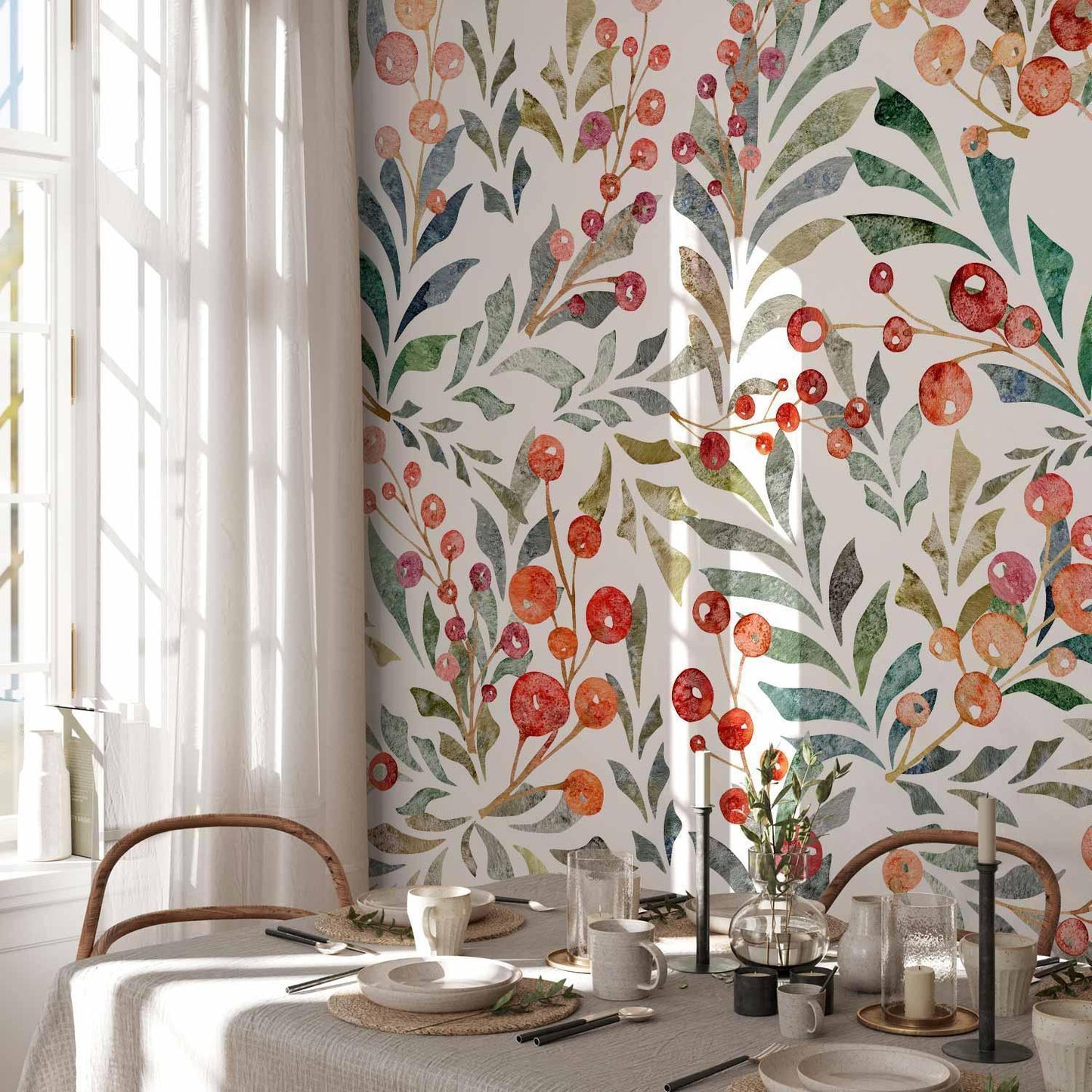 Fototapete - Leaves of Red Berries