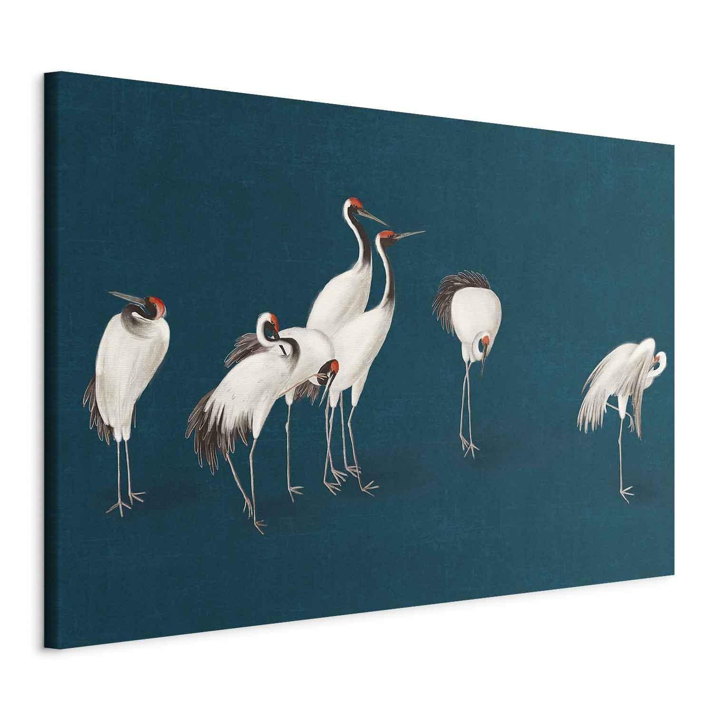 Wandbild XXL - Evening by the pond - a group of cranes drawn in dry pastel on a dark turquoise background