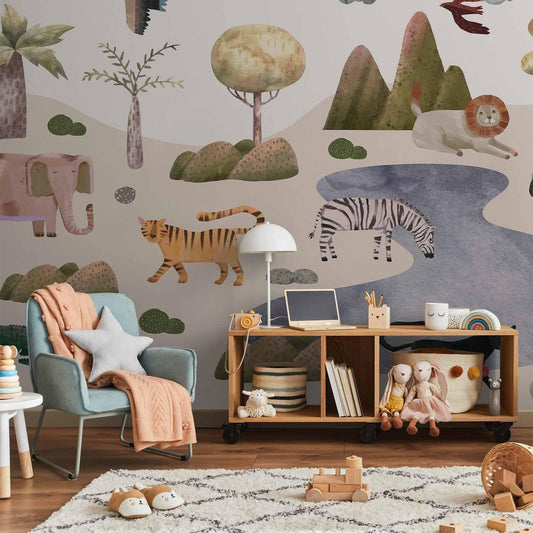 Fototapete - Africa for Toddlers - Savannah Animals in Pastel Colours Artgeist