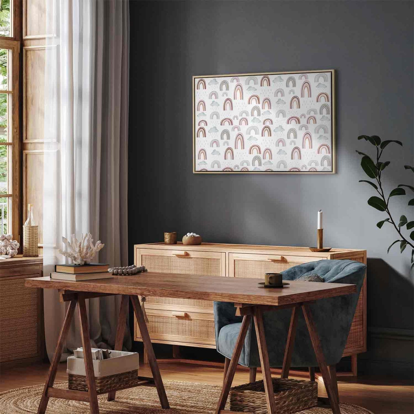 Leinwandbild - Rainbows After the Storm - Rainbows of Various Sizes in Pastel Hues Among Rain Clouds in a Gray-Blue Shade