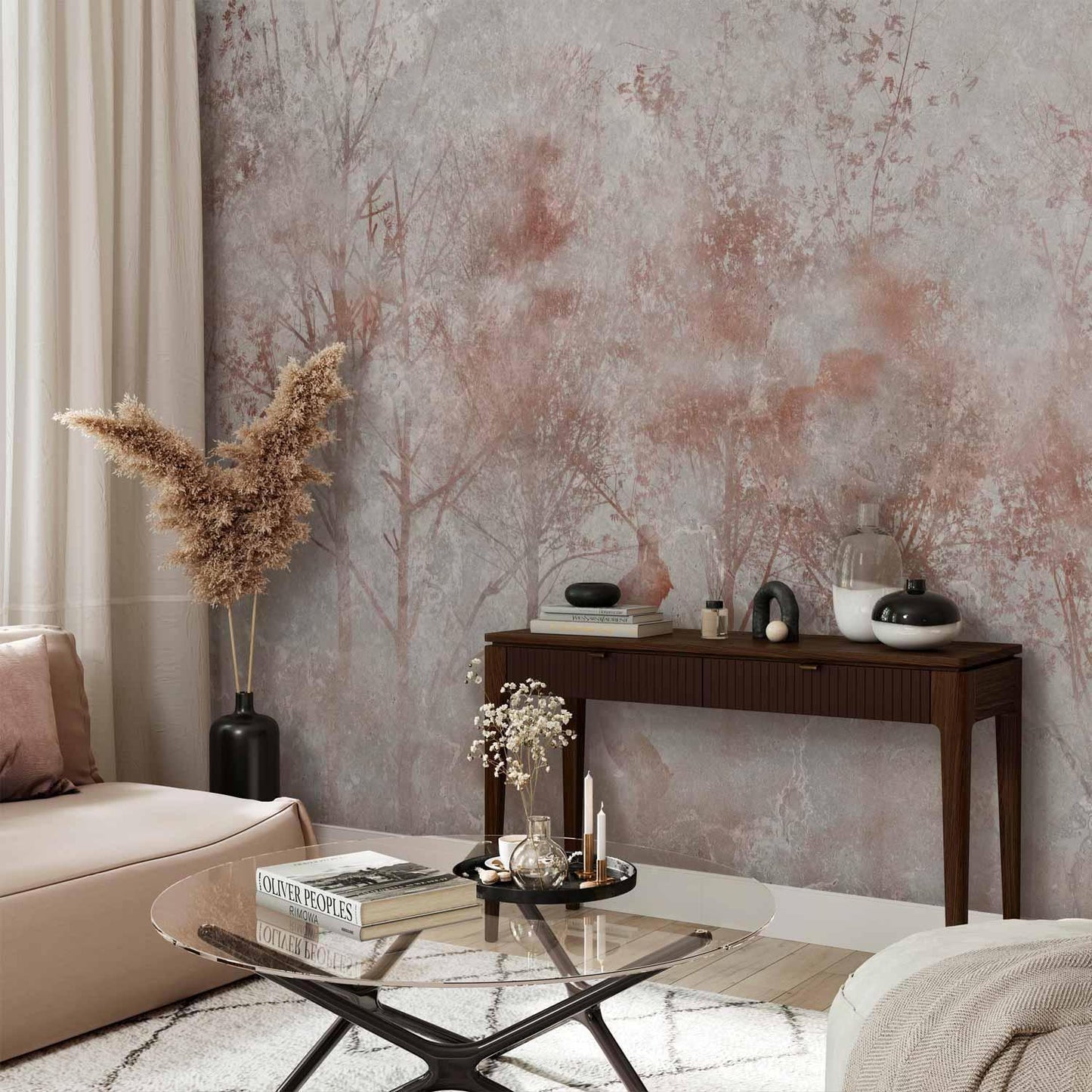 Fototapete - Autumn landscape - abstract with trees and birds on a textured background