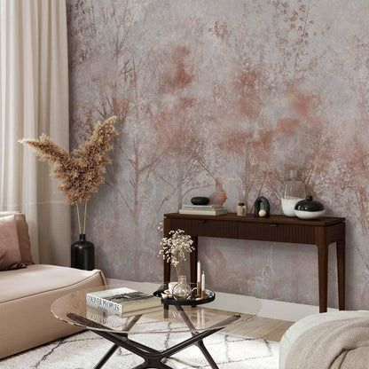 Fototapete - Autumn landscape - abstract with trees and birds on a textured background