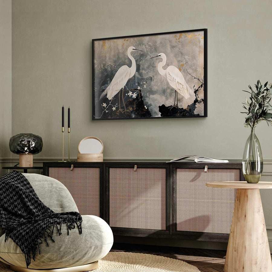 Poster - Herons and Cherry Blossom - oriental-style illustration depicting birds Artgeist