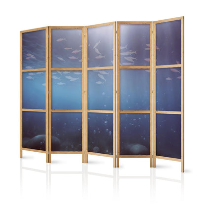 Japanischer Paravent - School of Small Fish - Illuminated Oceanic Depth in Shades of Navy Purple and Gray with a School of Tiny Fish Artgeist