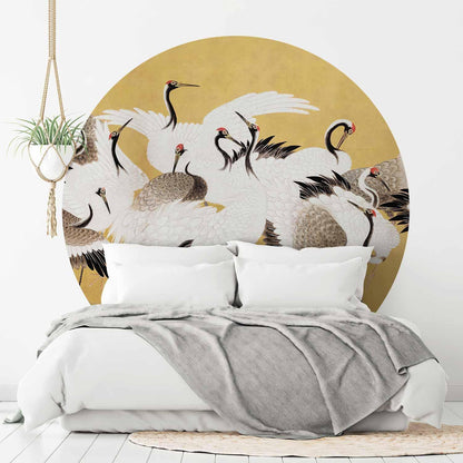 Runde Fototapete - Japanese cranes - a flock of birds against a golden background based on a painting by Ishida Yūtei