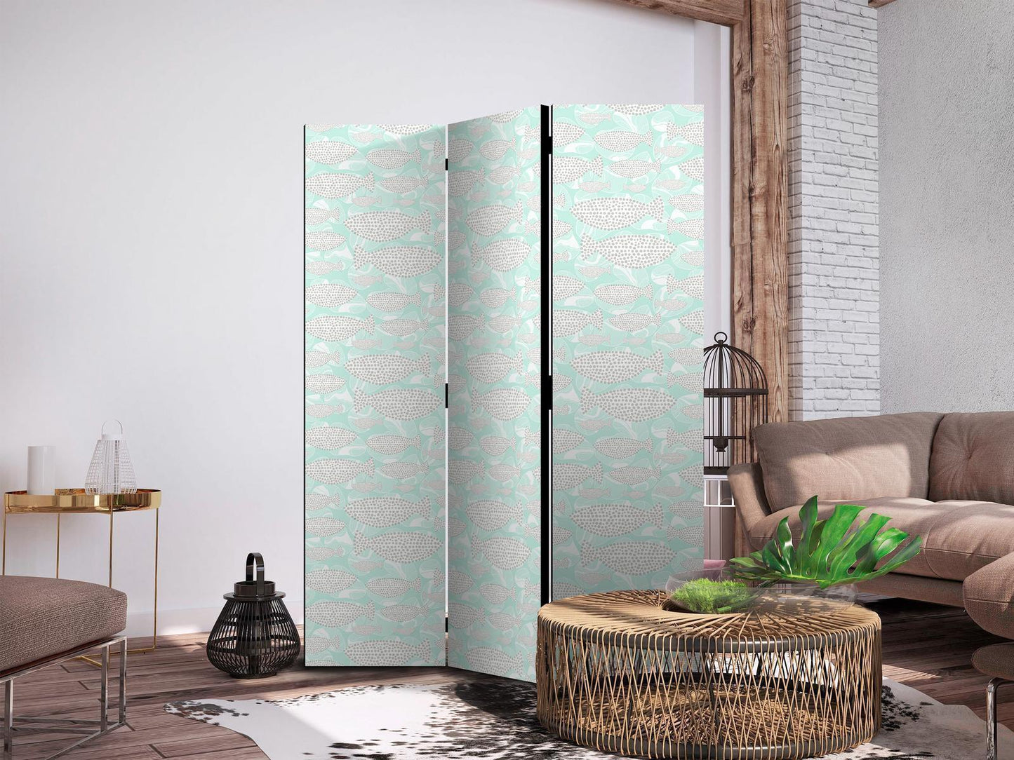 Paravent - Minimalist Fish - Fish of Grey Dots on a Crystal Clear Water Surface in Mint Green Colors Artgeist