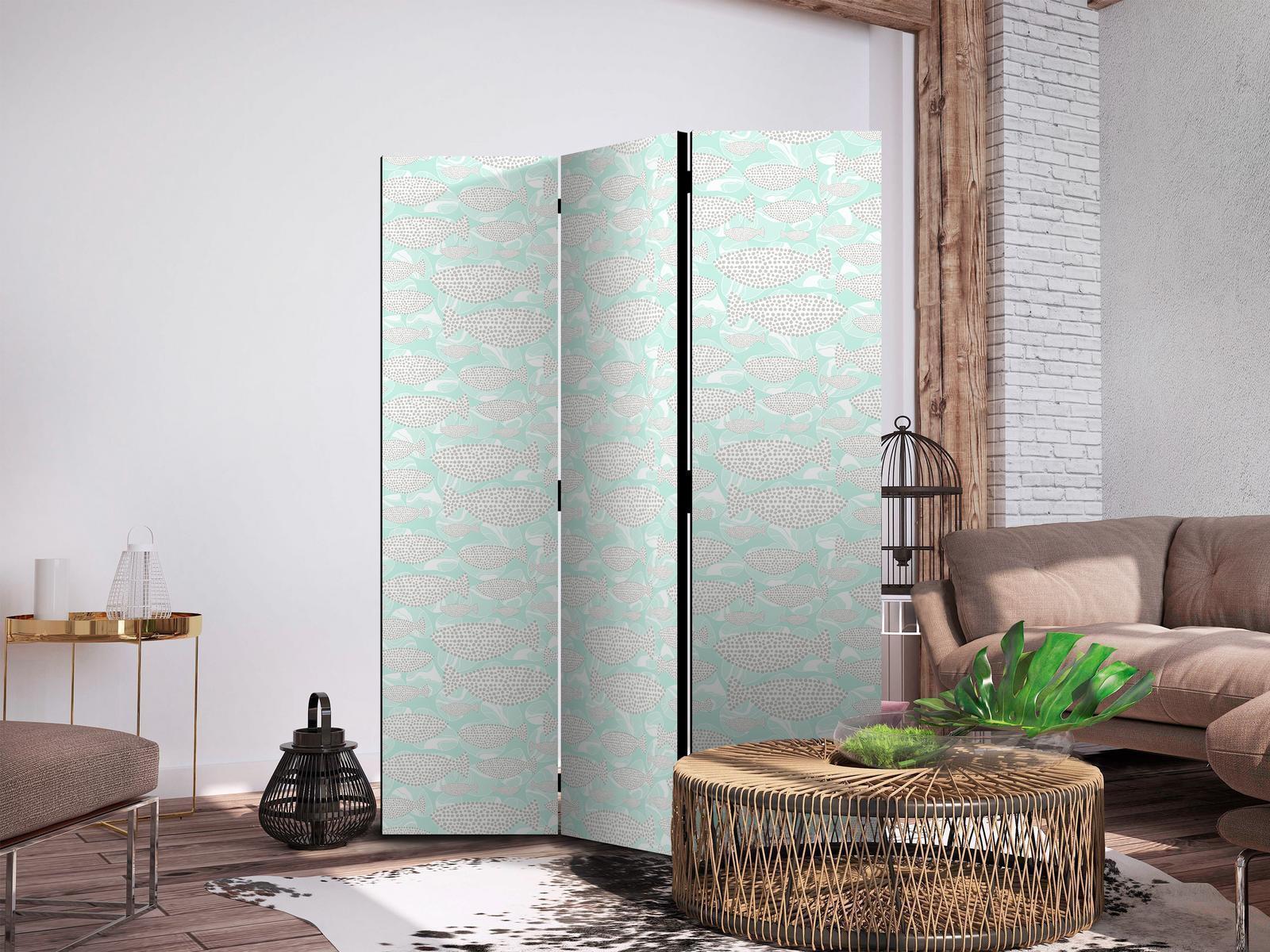 Paravent - Minimalist Fish - Fish of Grey Dots on a Crystal Clear Water Surface in Mint Green Colors Artgeist