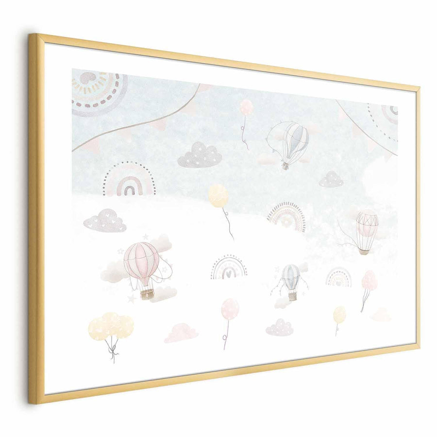 Poster - Adventure Among the Clouds, hot air balloons in sky, framed art decor.