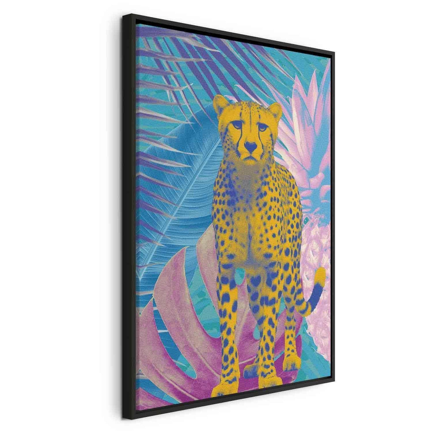 Leinwandbild - Exotic Leopard - Colorful Portrait of a Cheetah Against Tropical Leaves