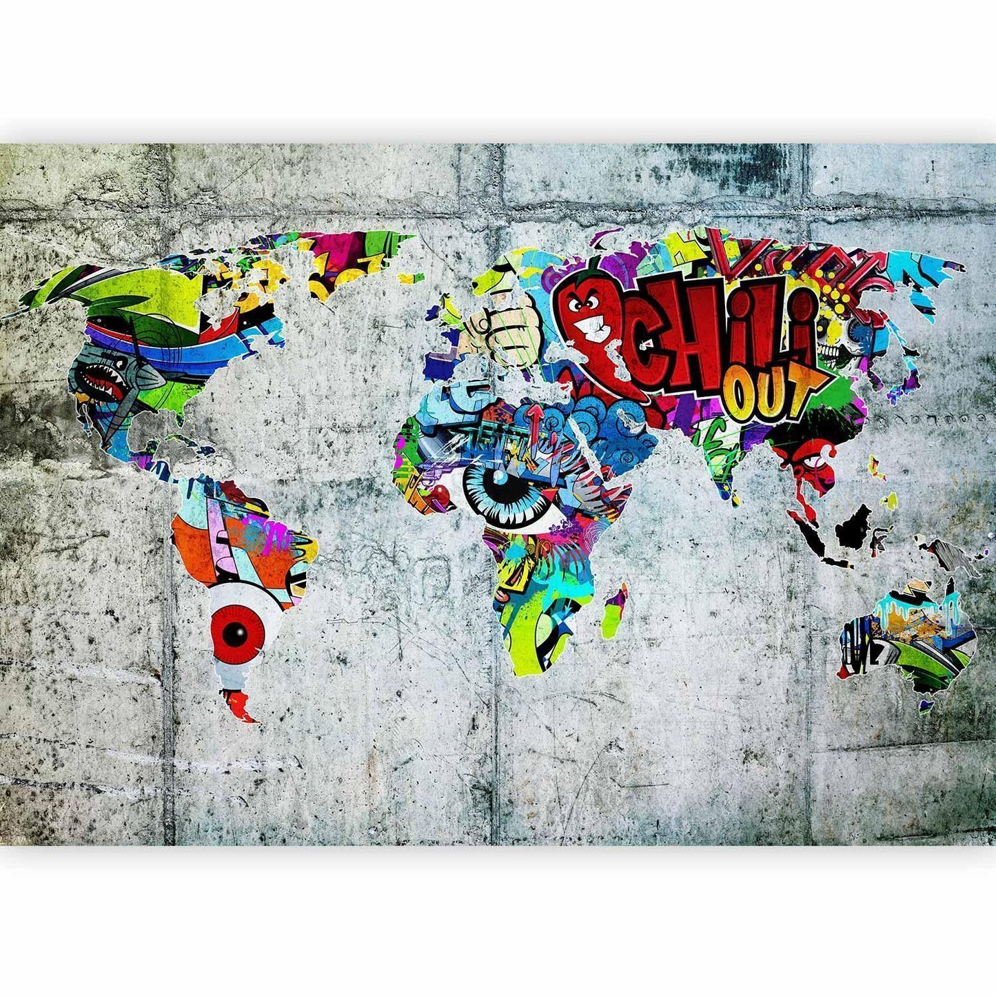 Graffiti-Weltkarte als Fototapete – urbanes Design in kräftigen Farben

