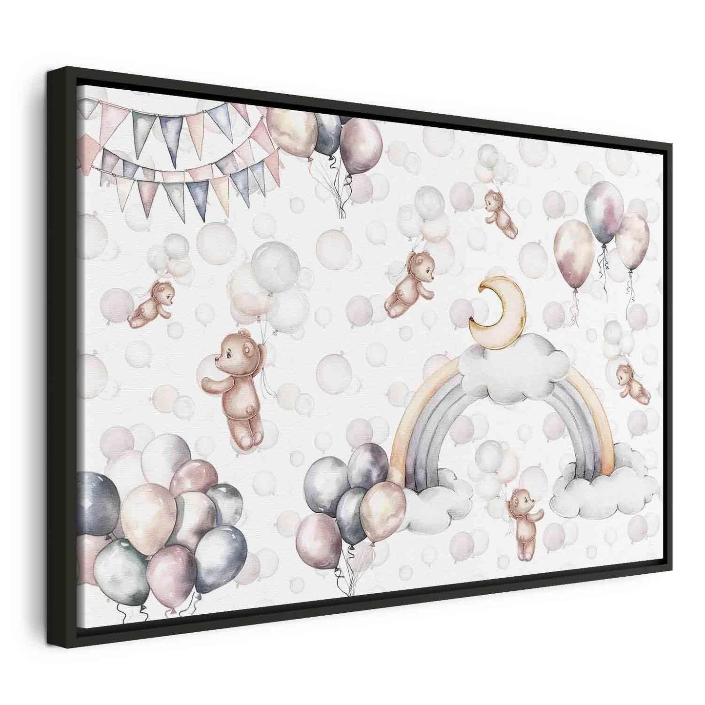 Leinwandbild - Toy Bears with Balloons - Flying Plush Bears Among Balloons Clouds and Rainbows in Subtle Pastel Hues Artgeist