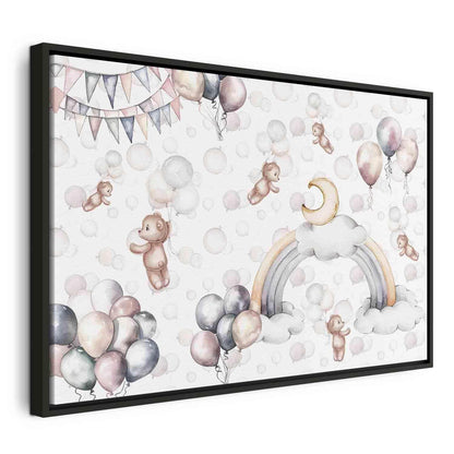 Leinwandbild - Toy Bears with Balloons - Flying Plush Bears Among Balloons Clouds and Rainbows in Subtle Pastel Hues Artgeist
