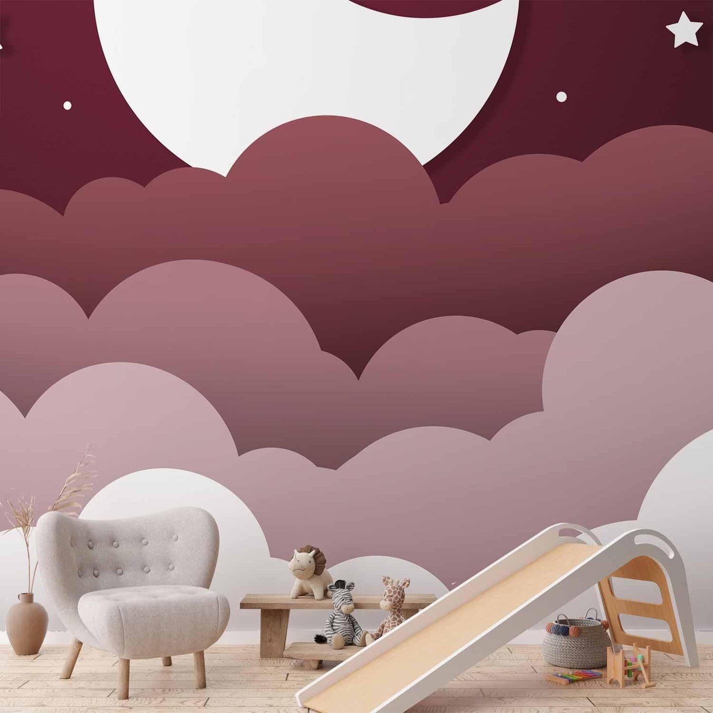Fototapete - Moon dream - clouds in a maroon sky with stars for children Artgeist