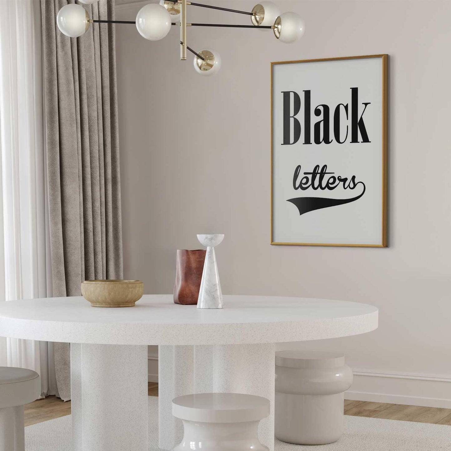 Poster displaying "Black Letters" in an elegant interior setting.