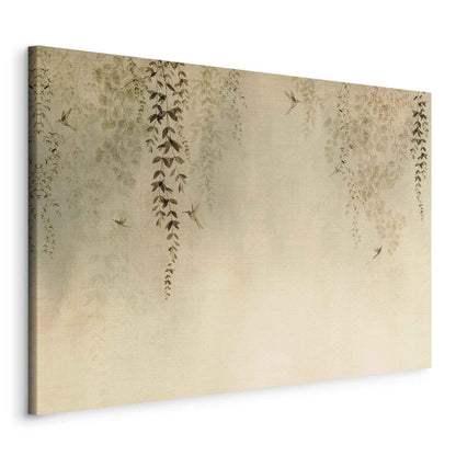 Leinwandbild - Spring Orchard - Hummingbirds Among Tree Branches in Beige Shades Artgeist