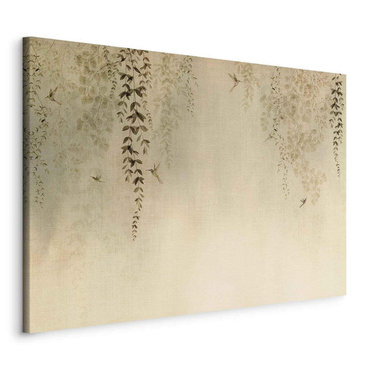 Leinwandbild - Spring Orchard - Hummingbirds Among Tree Branches in Beige Shades Artgeist