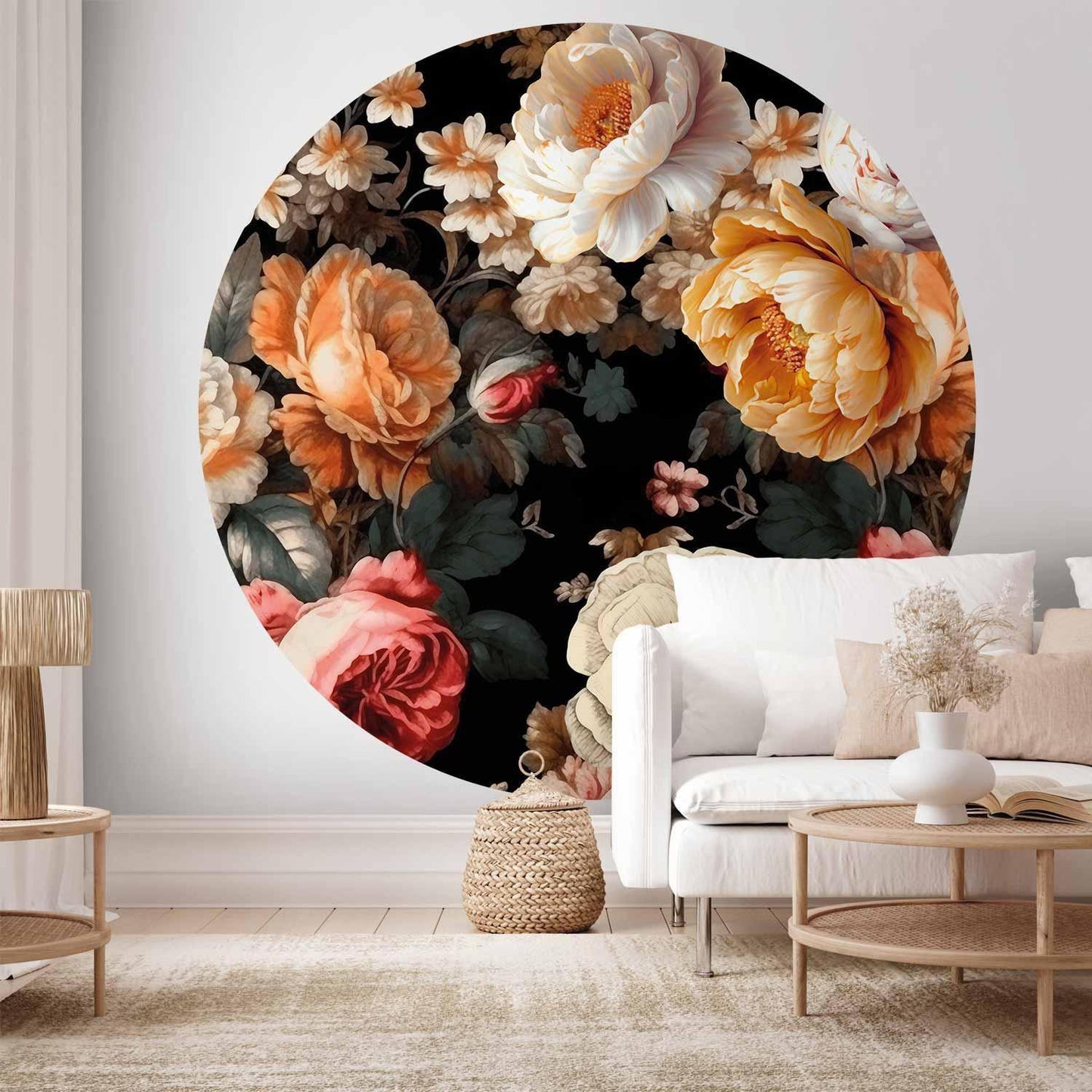 Runde Fototapete - Colourful flowers on a black background