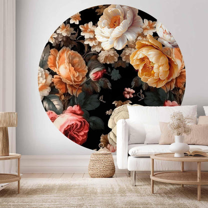 Runde Fototapete - Colourful flowers on a black background