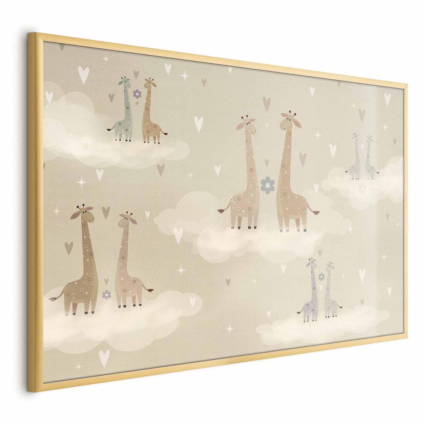 Poster featuring loving giraffes illustration in a frame, perfect for home decor.