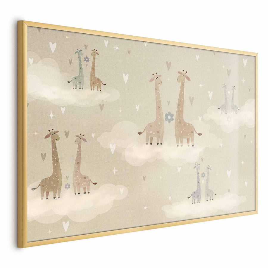 Poster featuring loving giraffes illustration in a frame, perfect for home decor.