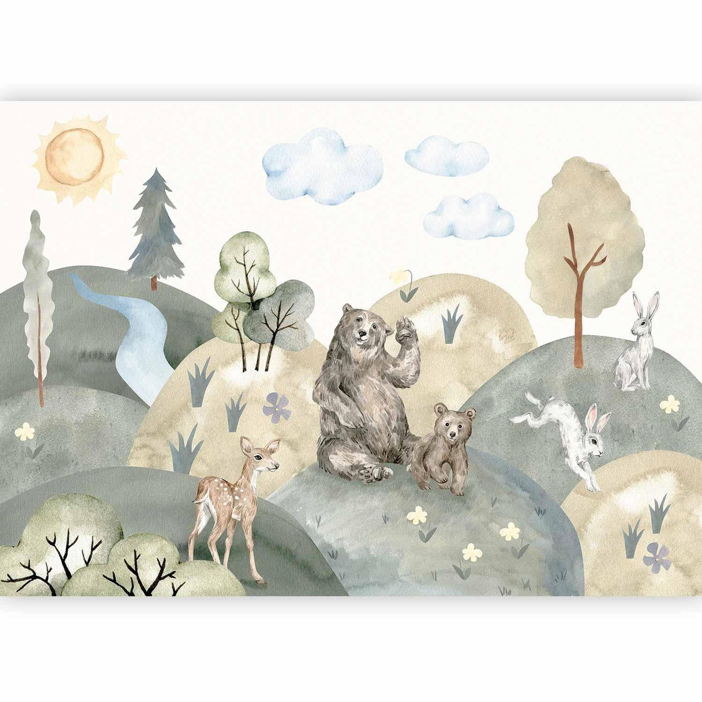 Fototapete - Green Hills - a Valley With Animals Painted in Watercolours Artgeist