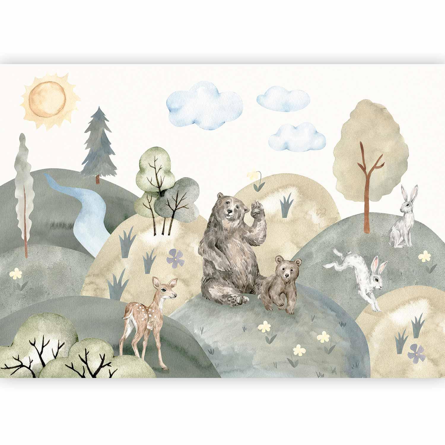 Fototapete - Green Hills - a Valley With Animals Painted in Watercolours Artgeist